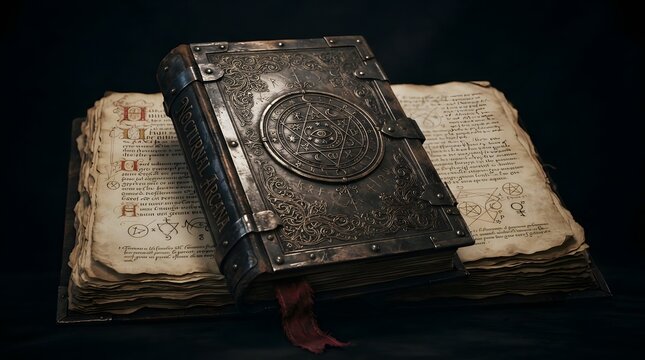 Ancient grimoire titled nocturnal arcana with mystical symbols and ornate metal binding
