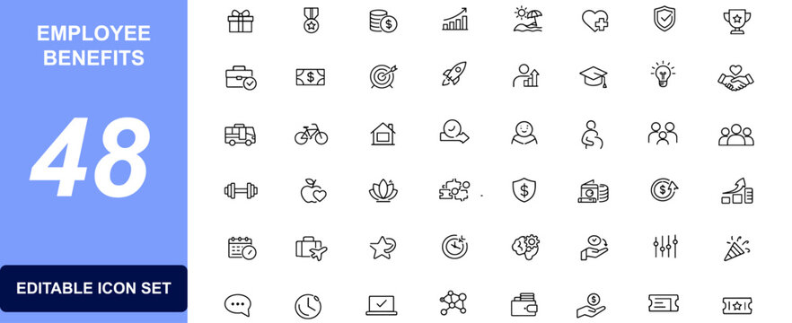 Employee benefits icon set with workplace perks, bonus, compensation, payroll, reward, wellness, insurance, pension, vacation, maternity, vector illustration