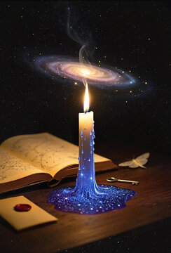 A glowing candle on a wooden table melts into a pool of sparkling, cosmic blue wax, near an open book of constellations. The smoke twists upward to form a spiral galaxy floating in a dark, starry sky