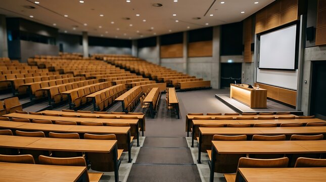 Empty university lecture hall. Modern college auditorium with wooden desks and projector.