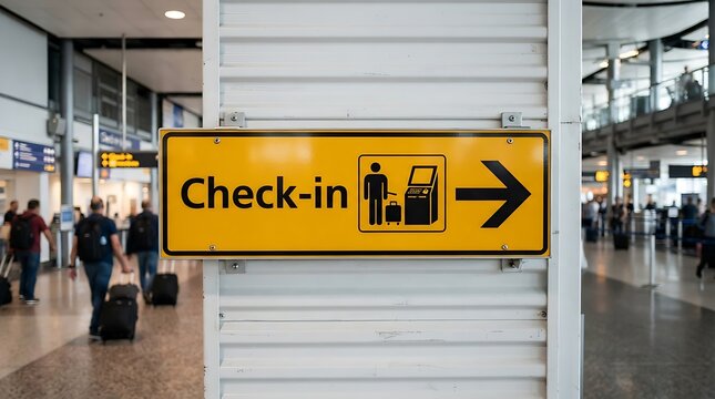 Airport check-in kiosk sign with arrow in busy terminal