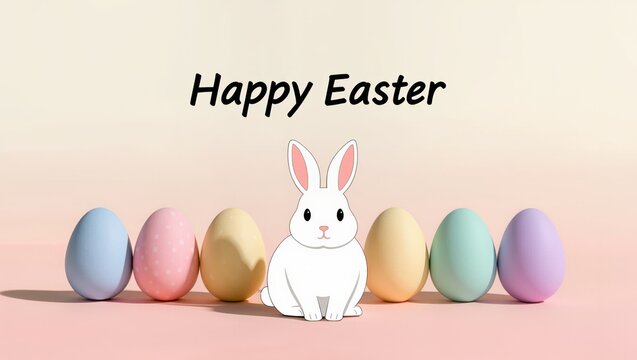 Carte de v&oelig;ux Joyeuses P&acirc;ques avec lapin blanc et &oelig;ufs pastel, illustration minimaliste pour c&eacute;l&eacute;bration printani&egrave;re, fond doux avec espace de copie