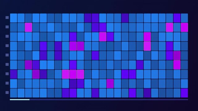Grid visualization. Squares vary in shades, purple, blue. Data representation, possibly heatmap or matrix format. Simple design.