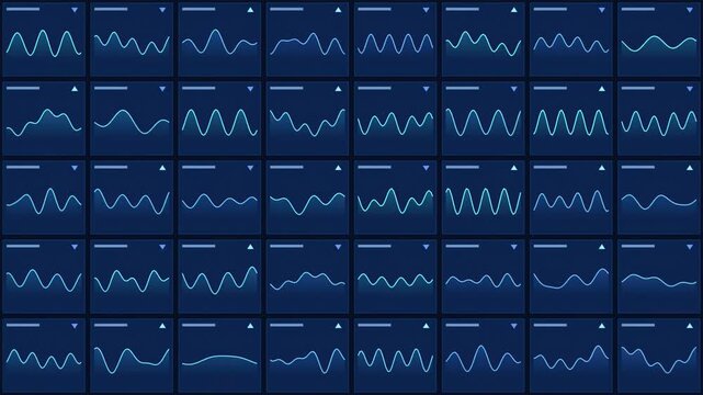 Grid displays repeating wave patterns, varying amplitude, frequency. Blue background, small triangles indicate specific points. Data visualization.