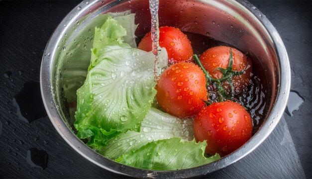 Top-down macro view of washing fresh lettuce leaves and ripe tomatoes under running water in a stainless steel bowl on a dark slate background.