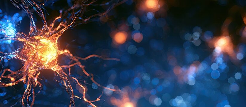 Abstract close-up of a neuron with glowing tendrils and a dark, bokeh-filled background
