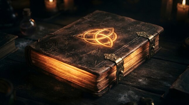Old leather spellbook with glowing golden triquetra symbol