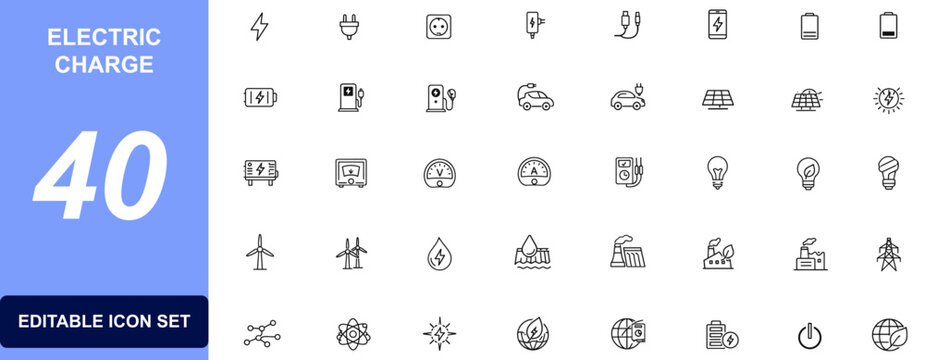 Renewable energy icon set featuring solar power, electric charging, battery storage, charging station, photovoltaic panel, wind turbine and green electricity. Vector illustration.