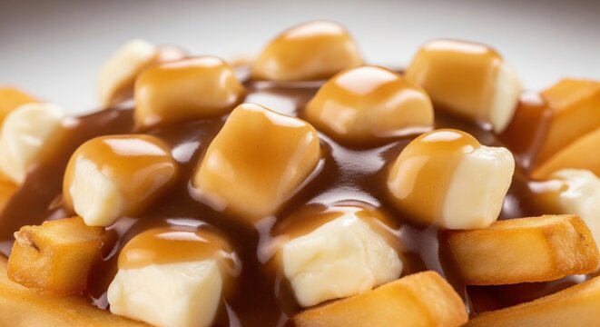 Close up of delicious poutine with french fries, cheese curds and gravy