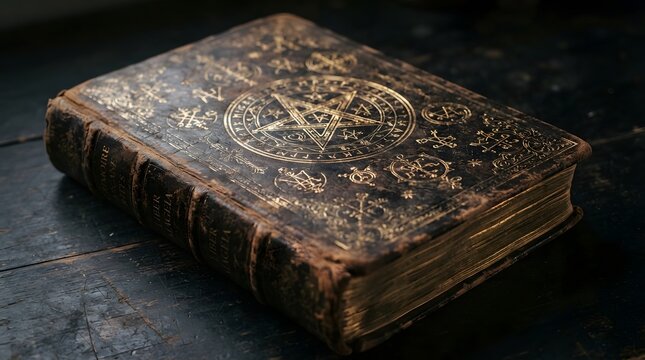 Ancient occult grimoire with golden pentagram symbol on leather cover