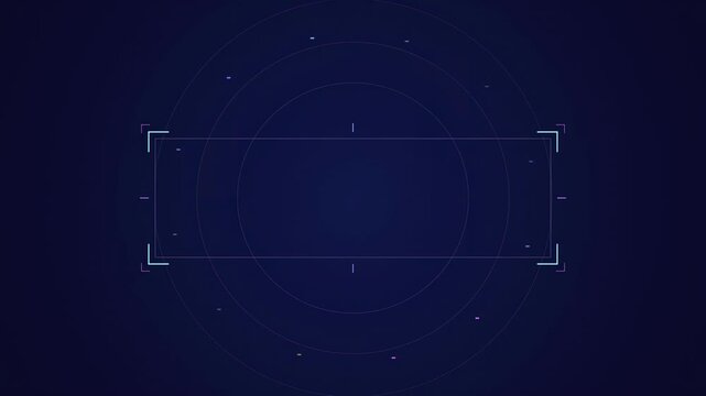 Dark blue background features concentric circles, rectangle framing center. Minimalist design evokes technology, targeting, precision.