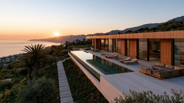 Luxury modern villa with infinity pool on coastal hillside at sunset
