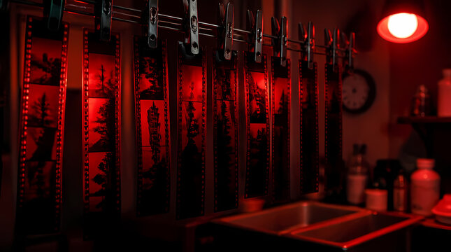 Film strips hanging in darkroom under light with developing chemicals and sink equipment visible