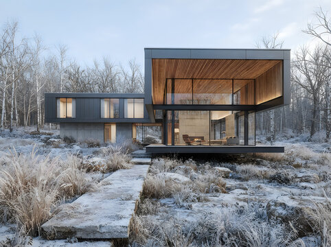 Modern cantilevered house in winter forest. Luxury architectural design in snowy landscape.
