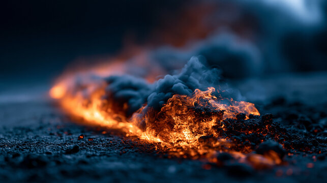 Close up of glowing hot metal sparks scattering on industrial workshop floor
