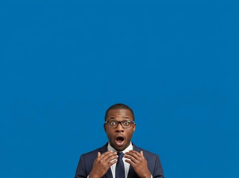 Shocked businessman in glasses reacts with surprise on blue background, copy space above for advertising, promotions, or news headlines.