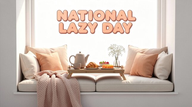 National Lazy Day banner featuring a cozy window seat with pillows, a knitted blanket, and a breakfast wooden tray with a teapot, croissant, and fresh fruits in a bright minimalist room