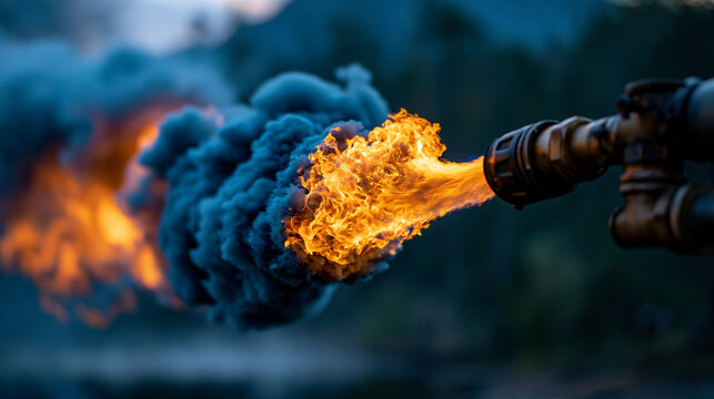 Handheld blowtorch nozzle spraying bright orange flame with dark blue smoke, blowtorch