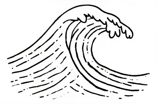 Vague oc&eacute;anique minimaliste dessin&eacute;e au trait noir sur fond blanc, illustration line art moderne inspir&eacute;e de la mer, symbole de nature, surf et d&eacute;coration contemporaine