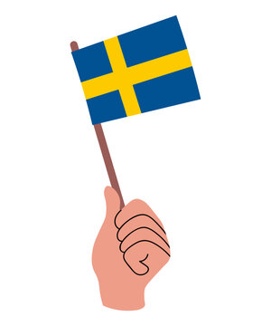 Sweden flag in a human hand. Swedish flag vector illustration isolated on white. Ready for national celebration, Midsummer, travel, culture, education, and patriotic design.