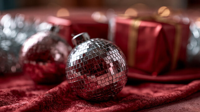 Silver christmas ornament bauble next to wrapped presents on red fabric with christmas