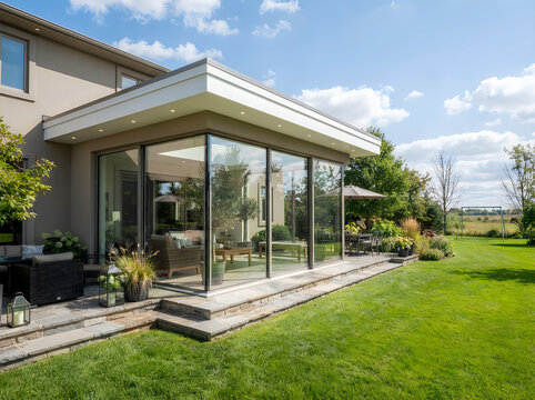 Modern glass sunroom home addition. Contemporary conservatory extension with garden view.