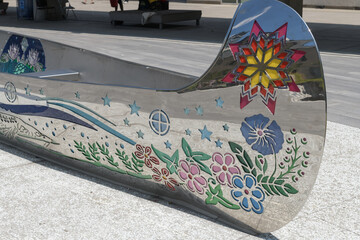 Fototapeta premium detail of The Spirit Canoe (resembling a traditional Métis Voyageur canoe) created by Tannis Nielsen at the Spirit Garden, City Hall, Toronto