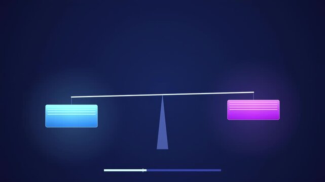 Balance scale depicts equilibrium. Blue rectangle contrasts pink. Dark background emphasizes glowing neon effect. Simple design conveys stability.