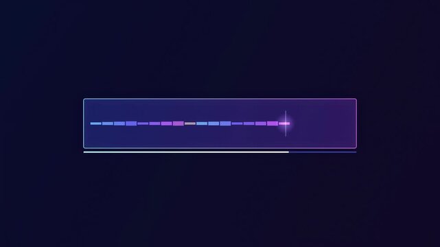 Loading bar displays progress. Purple, blue gradients dominate dark background. Minimalist design suggests digital process underway.