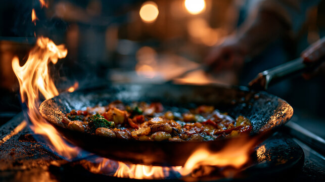 Professional chef cooking food in a hot frying pan with active flames in kitchen