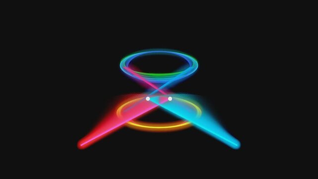 Dynamic light trails in rainbow colors form an hourglass shape on black background.