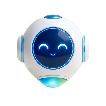 Friendly futuristic robot head with glowing blue eyes and smiley face design transparent background
