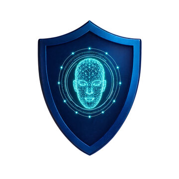 Futuristic digital face recognition shield with glowing network pattern design transparent background