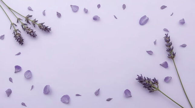 Soft lavender floral frame with scattered petals and sprigs