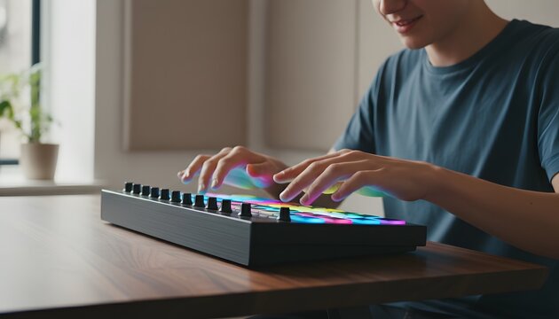 Young creative teenager making a beat on a modern drum machine in home recording studio for world music day celebration concept with glowing pad controller