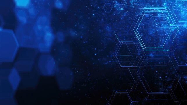 Abstract digital blue background with glowing hexagonal shapes and particles