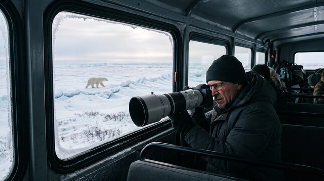 A photographer shoots a polar bear through the window of a tundra buggy in the Arctic.A wildlife photographer with a telephoto lens takes pictures of a polar bear  in the Arctic tundra.