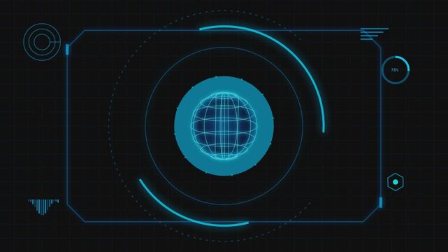 Futuristic heads up display with spinning digital globe and rotating interface elements animation.