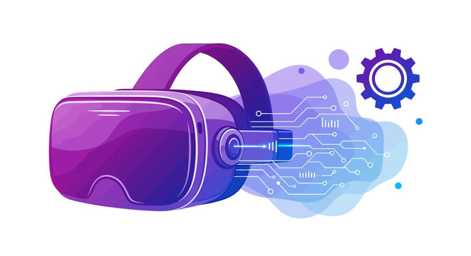 Modern gradient vector illustration of a virtual reality headset with circuit board patterns and a gear icon symbolizing immersive technology and innovation
