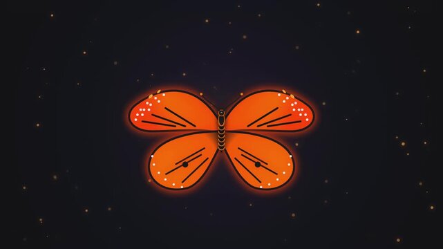 Orange glowing neon butterfly wings flap in dark space motion graphics cinematic footage loop video.