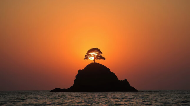 Solitary tree on rocky islet at sunset with warm orange sky and calm sea