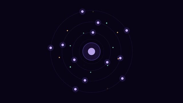 Abstract animated AI agent hub orchestrating parallel tasks drawn as violet and blue glowing lines and dots on a deep dark background. Clean minimal motion graphics element with free space around it, 