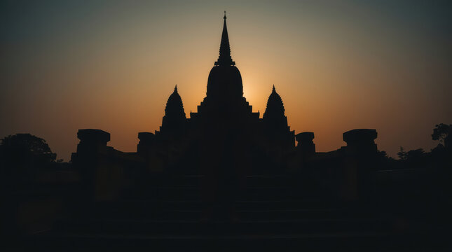 Silhouette temple spire at sunset with warm glow