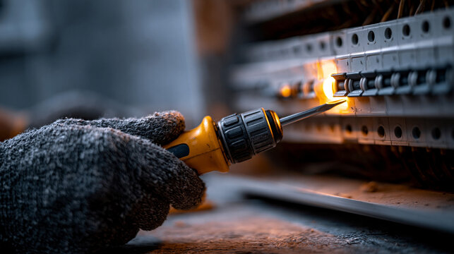 Electrician repairing circuit breaker panel with electrician electricity maintenance