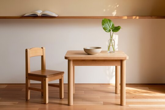 Espace Montessori avec table basse en bois, livre illustr&eacute; et mat&eacute;riel &eacute;ducatif dans une salle de jeux lumineuse favorisant l'apprentissage autonome des jeunes enfants