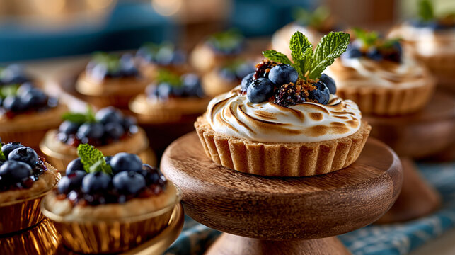 Gourmet blueberry tartlets with toasted meringue topping blueberry meringue catering
