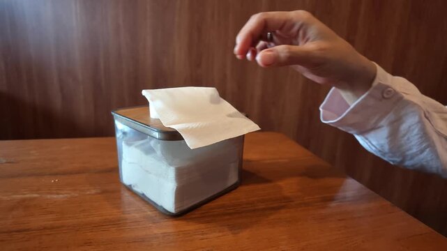 Slow motion close-up of a person reaching out and taking a piece of white tissue paper from a sleek acrylic dispenser placed on a warm wooden cafe table.
