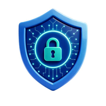 Modern digital shield with glowing circuit lock symbol design transparent background