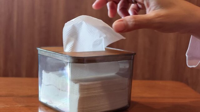Macro slow motion video capturing a hand pulling a soft white paper tissue straight out of a clear dispenser container on a wooden surface inside a cozy coffee shop.
