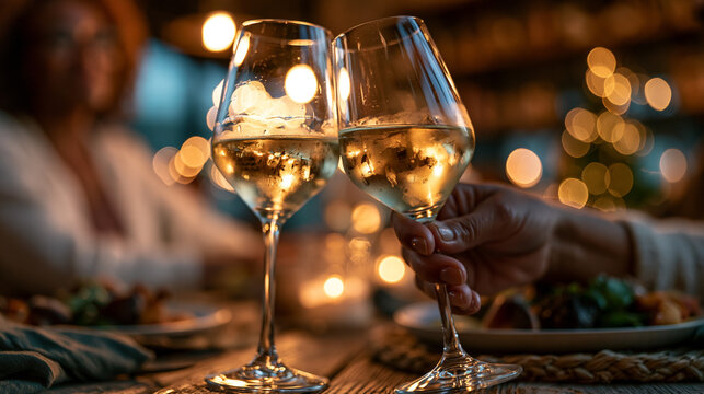 Close up of people toasting with white wine glasses during a dinner party, celebration